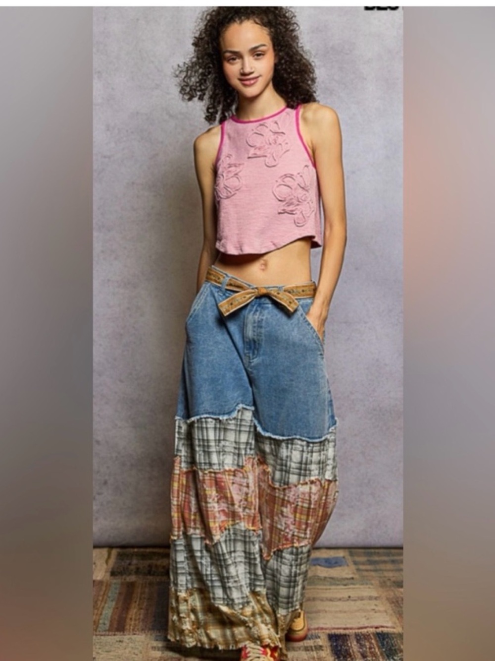 POL denim & Patchwork Wide Leg Pant belted cute Jean/pant for spring & summer
